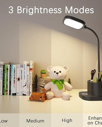 LED Desk Lamp for Home Office with USB Charging Port, Rechargeable Powered Table Lamp Battery Operated Cordless Reading Lamp, Pen Holder, 3 Way Dimmable, Bright, Tall, Flexible, Gooseneck, Black - LeafyLoom
