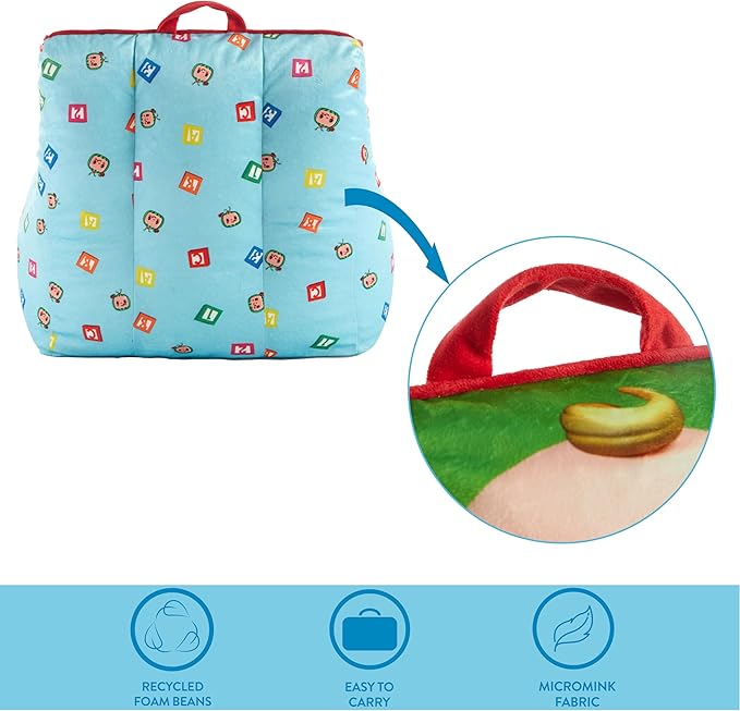 Idea Nuova Cocomelon Kids Mink Plush Bean Bag Chair with Piping & Top Carry Handle , Large - LeafyLoom