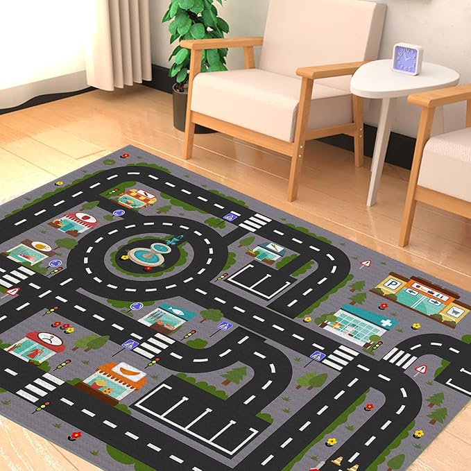 Analog ABC Kids Rug Playroom Car Rug Play Mat City Life Road Rug for Cars Fun City Map for Carpet for Bedroom Boys (31 * 47 inches, Night City) - LeafyLoom