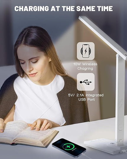Led Desk Lamp with Wireless Charger, White Desk Lamps for Home Office with Clock, Alarm, Date, Temperature | Desk Light with Night Light, 46 Min Auto Timer | Touch Control Smart Lamp for College, Dorm - LeafyLoom