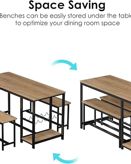 3-Piece Kitchen Table for 4, 54.7" Dining Table Set with 2 Benches, Dining Room Table with MDF Wood Board, Storage Shelf, Wine and Glass Rack, Industrial (Brown) - LeafyLoom