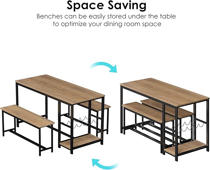 3-Piece Kitchen Table for 4, 54.7" Dining Table Set with 2 Benches, Dining Room Table with MDF Wood Board, Storage Shelf, Wine and Glass Rack, Industrial (Brown) - LeafyLoom
