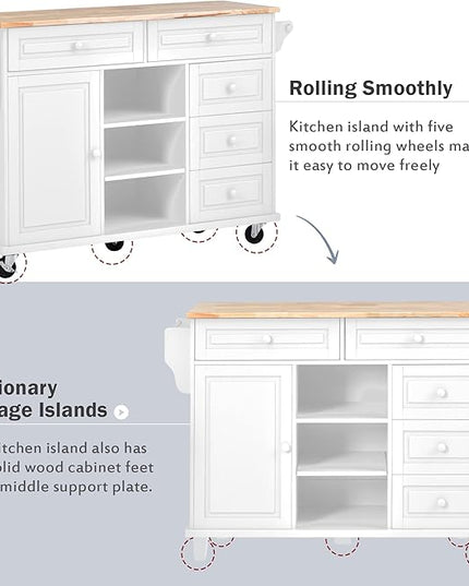 Kitchen Island with Storage on Wheels, Kitchen Island Cart w/Storage Cabinets and 5 Drawers, 2 Adjustable Shelf, Wood Countertop& Spice Rack for Dinning Room, Coffee Bar, - LeafyLoom