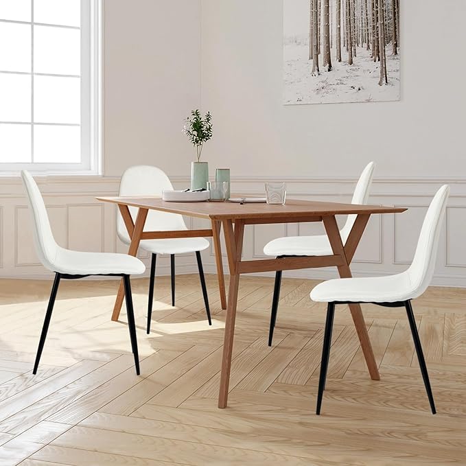 FurnitureR Dining Chairs Set of 4, Fabric Comfy Seat Armless Side Chairs with Metal Legs Mid Century for Home Kitchen Reception Room, Beige - LeafyLoom