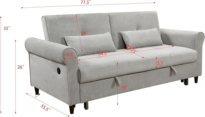 Queen Size Loveseat Sleeper Sofa,3 in 1 Soft Linen Upholstered Oversized Convertible Love Seat Sofabed cum Daybed W/Pull Out Sleep Couch Bed and USB Charging Ports for Living Space, 77.5", Grey - LeafyLoom