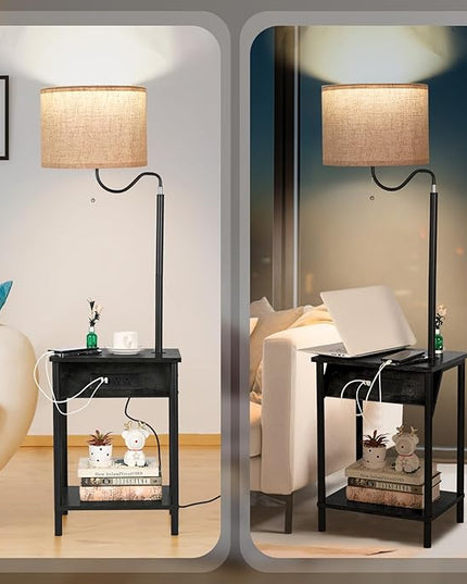FIMEI Floor Lamp with Table, End Table with Charging Station USB Ports & Outlets, Bedside Table 3 Color Temperature Reading Light, Nightstand with Shelves for Living Room Bedroom Apartment, Black - LeafyLoom