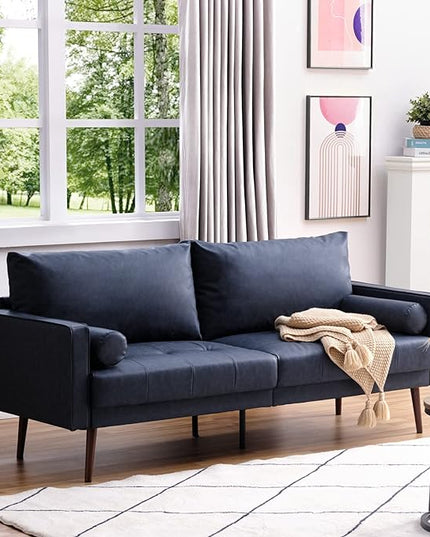 Vonanda Faux Leather Sofa Couch, Mid-Century 73 Inch 3 Seater Leather Couch with Wood Grain Metal Legs and Bolster Pillows for Living Room,Elegant Twilight Blue - LeafyLoom