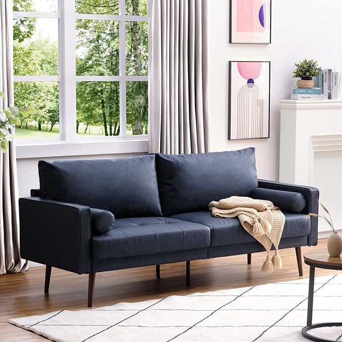 Vonanda Faux Leather Sofa Couch, Mid-Century 73 Inch 3 Seater Leather Couch with Wood Grain Metal Legs and Bolster Pillows for Living Room,Elegant Twilight Blue - LeafyLoom