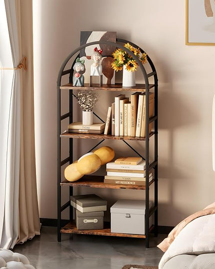 4-Tier Bookshelf, 24 Inch Width Industrial Arched Bookcase, Vintage Storage Rack with Open Shelves, Free Standing Shelf for Home Office, Living Room,Bedroom, Rustic Brown - LeafyLoom