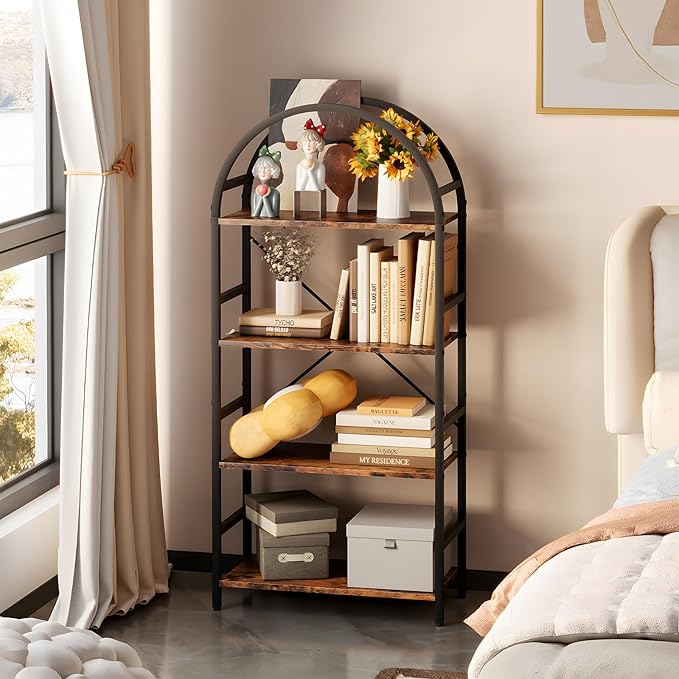 4-Tier Bookshelf, 24 Inch Width Industrial Arched Bookcase, Vintage Storage Rack with Open Shelves, Free Standing Shelf for Home Office, Living Room,Bedroom, Rustic Brown - LeafyLoom