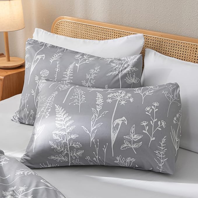 JANZAA Twin Comforter Set Floral Comforter Set Bedding Set White Flower Printing on Gray Comforter with 1 Pillow Case for All Season Using - LeafyLoom