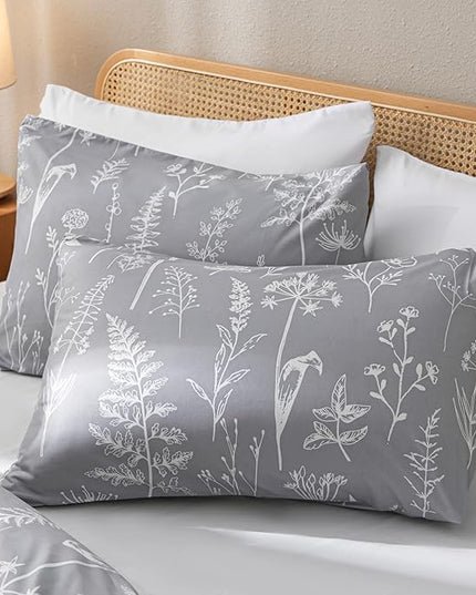 JANZAA California King Comforter Set 3PCS Comforter Set Floral Comforter Set Bedding Set White Flower Printing on Gray Comforter with 2 Pillow Cases for All Season - LeafyLoom