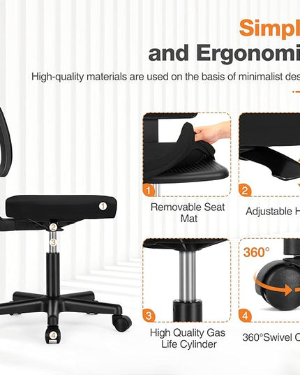 Armless Small Home Office Desk Chair, Ergonomic Low Back Computer Chair, Adjustable Rolling Swivel Task Chair with Lumbar Support for Small Space, 1 Pack - LeafyLoom