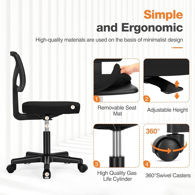 Armless Small Home Office Desk Chair, Ergonomic Low Back Computer Chair, Adjustable Rolling Swivel Task Chair with Lumbar Support for Small Space, 1 Pack - LeafyLoom