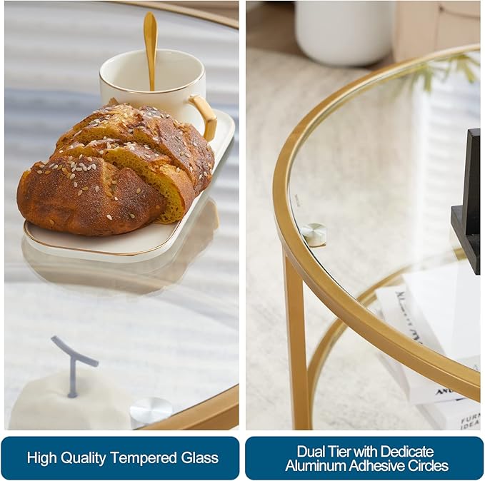 VINGLI Glass Coffee Table,30" Round Coffee Table Gold Coffee Tables for Living Room,2-Tier Glass Top Coffee Table with Storage Clear Coffee Table,Simple & Modern Center Table Mesa de Centro Para Sala - LeafyLoom