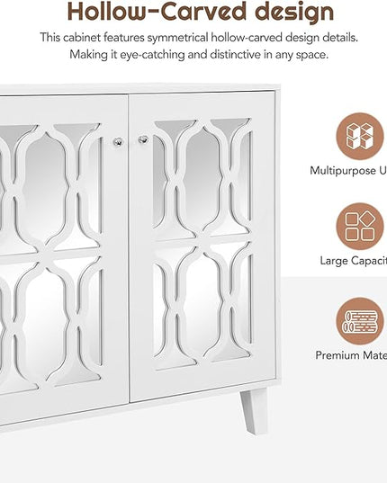 Merax Buffet Cabinet with Adjustable Shelves, 4-door Mirror Hollow-Carved TV stand for Television Up to 65 inches, Multi-functional Console Table with Storage Credenza for Living Room, White - LeafyLoom