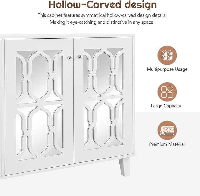 Merax Buffet Cabinet with Adjustable Shelves, 4-door Mirror Hollow-Carved TV stand for Television Up to 65 inches, Multi-functional Console Table with Storage Credenza for Living Room, White - LeafyLoom
