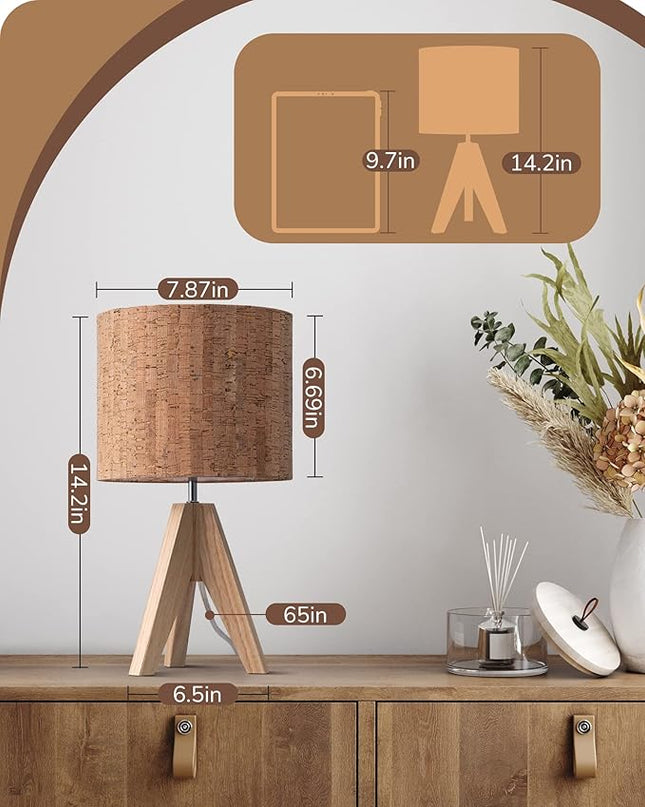 EDISHINE Small Table Lamp, Wooden Tripod Nightstand Lamp with Bark Linen Shade, Farmhouse Bedside Lamp for Nursery, Bedroom, Kids Room, Office, Reading Desk, 14.2 Inch, E26 Socket, ON/Off Switch - LeafyLoom