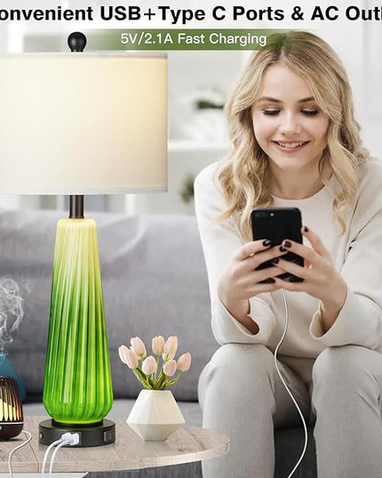 28" Green Glass Table Lamps Set of 2, Modern Table Lamps with USB A+C Ports & AC Outlet, Touch Control Bedside Nightstand Lamp with Crystal Night Light & White Fabric Shade for Bedroom(Bulbs Included) - LeafyLoom