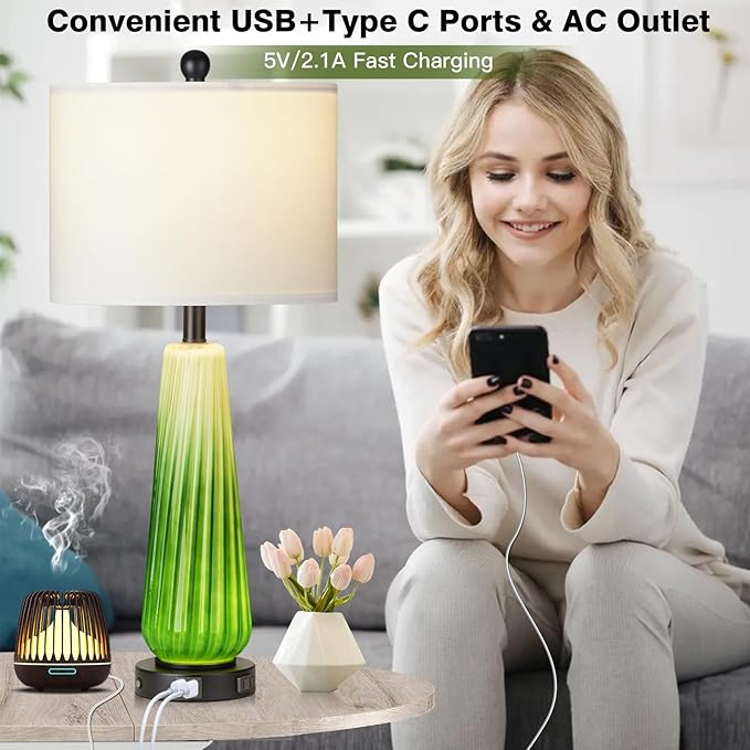 28" Green Glass Table Lamps Set of 2, Modern Table Lamps with USB A+C Ports & AC Outlet, Touch Control Bedside Nightstand Lamp with Crystal Night Light & White Fabric Shade for Bedroom(Bulbs Included) - LeafyLoom