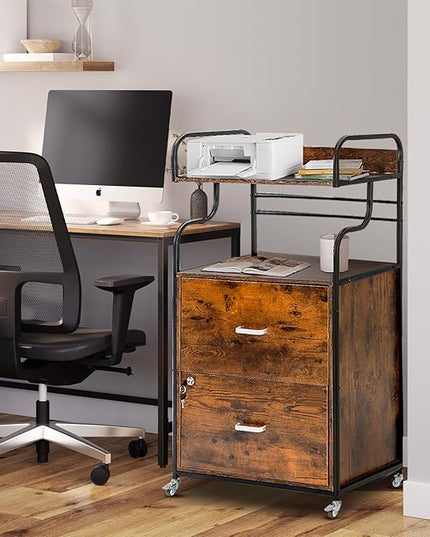 Vertical File Cabinet, 2 Drawer Mobile Filing Cabinet with 1 Bookshelf, Printer Stand with Open Storage Shelves Fits A4/Letter/Legal Size File Cabinets for Home Office Organizer, Brown - LeafyLoom