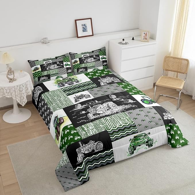 Tractor Bedding Set Twin Size Equipment Trucks Comforter Set Farmhouse Harvester Down Comforter for Kids Boys Car Bedroom Decor Green Vehicle Quilt Set Plaid Comforter with 1 Pillowcase, Grey - LeafyLoom