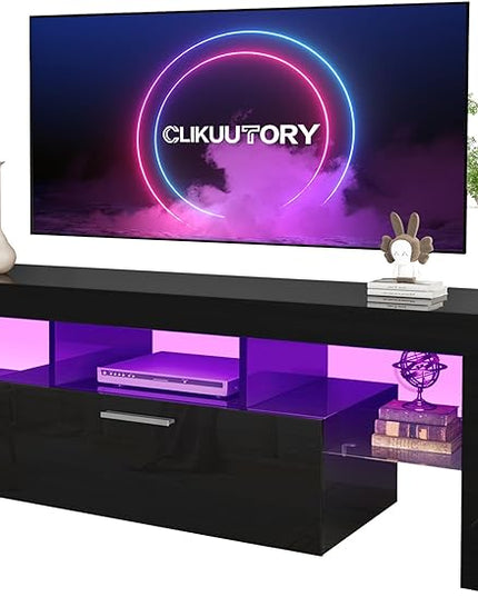 Clikuutory Black LED TV Stand with Large Storage Drawer for 32 40 50 55 Inch TVs, Modern High gloss TV Console Table with Entertainment Center for Living Room, Bedroom, Black - LeafyLoom