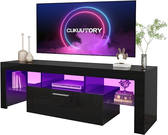 Clikuutory Black LED TV Stand with Large Storage Drawer for 32 40 50 55 Inch TVs, Modern High gloss TV Console Table with Entertainment Center for Living Room, Bedroom, Black - LeafyLoom