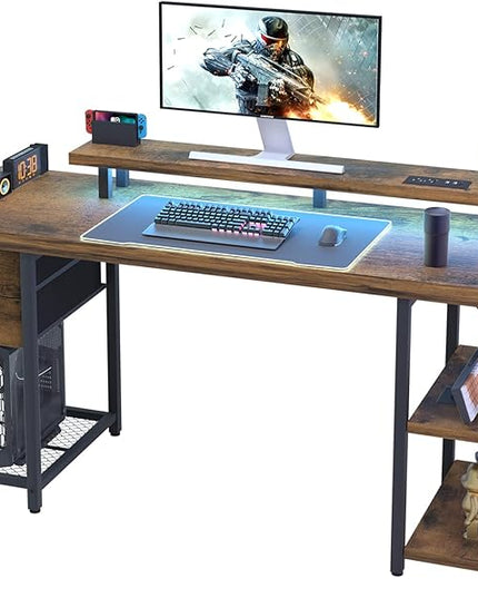 Computer Desk with Drawer and Power Outlets, Gaming Desk with LED Light, Work Desk with Shelves and PC Stand for Home Office (Rustic Brown) - LeafyLoom