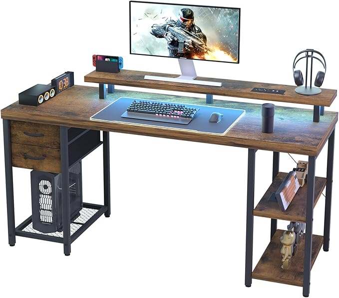 Computer Desk with Drawer and Power Outlets, Gaming Desk with LED Light, Work Desk with Shelves and PC Stand for Home Office (Rustic Brown) - LeafyLoom