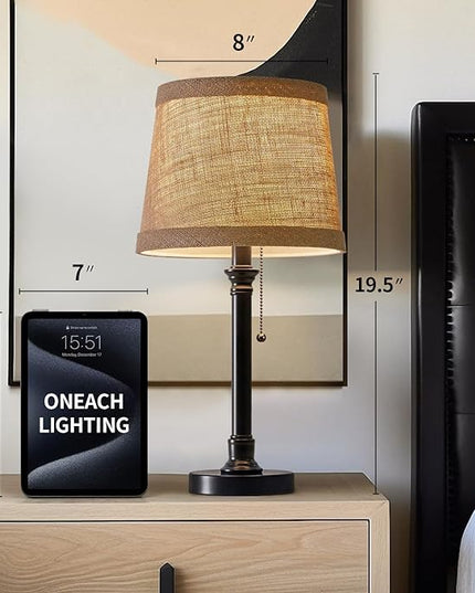 Oneach Cottage Style Black Pull Chain Table Lamps Set of 2 for Bedroom Living Room 20'' Traditional Bedside Desk Nightstand Buffet Candlestick Samll Lamps with Fabric Drum Shade - LeafyLoom