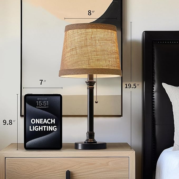 Oneach Cottage Style Black Pull Chain Table Lamps Set of 2 for Bedroom Living Room 20'' Traditional Bedside Desk Nightstand Buffet Candlestick Samll Lamps with Fabric Drum Shade - LeafyLoom