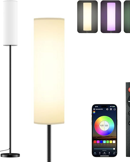LED Floor Lamp for Living Room Bedroom, Modern Tall Lamp Standing lamp for Reading with Remote Dimming and Color Adjustment, Timing Function 30min, 9W e26 led Bulb Included(White) - LeafyLoom