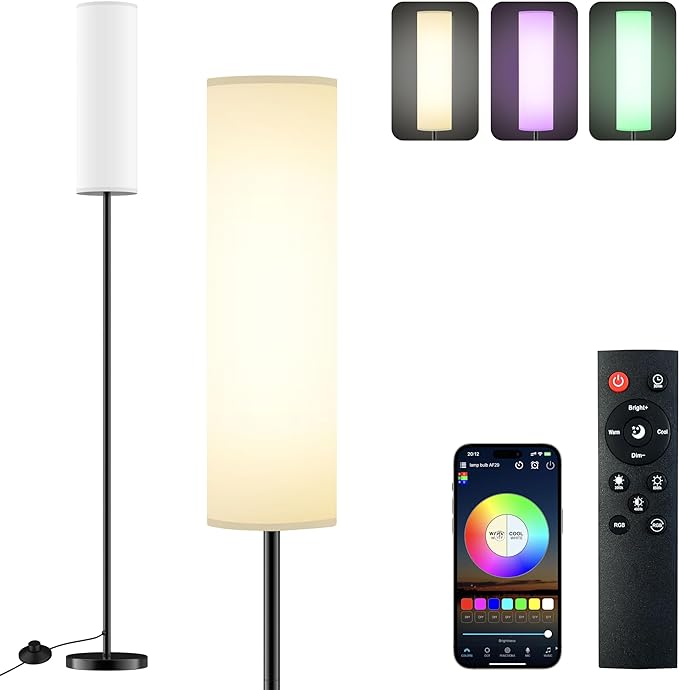 LED Floor Lamp for Living Room Bedroom, Modern Tall Lamp Standing lamp for Reading with Remote Dimming and Color Adjustment, Timing Function 30min, 9W e26 led Bulb Included(White) - LeafyLoom