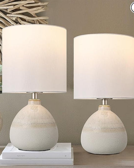 Set of 2 Ceramic Table Lamp for Bedroom, Small Table Lamp White Farmhouse Rustic Lamp Set Bedside Table Lamps for Nightstand Side Table Lamps for Living Room, 13.7IN - LeafyLoom