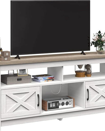 YITAHOME TV Stand for 65 Inch TV with Power Outlet, Farmhouse TV Media Console Table with Storage Cabinets and Open Shelf, Mid Century Modern Entertainment Center for Living Room, Grey White/Grey Wash - LeafyLoom