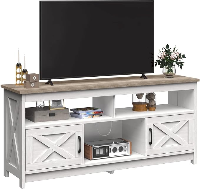 YITAHOME TV Stand for 65 Inch TV with Power Outlet, Farmhouse TV Media Console Table with Storage Cabinets and Open Shelf, Mid Century Modern Entertainment Center for Living Room, Grey White/Grey Wash - LeafyLoom