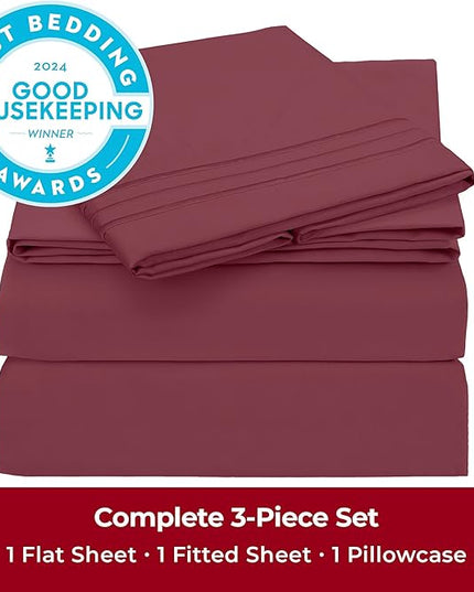Mellanni Twin Sheets Set - 3 PC Iconic Collection Bedding Sheets & Pillowcases - Hotel Luxury, Extra Soft, Cooling Bed Sheets - Deep Pocket up to 16 inch (Twin, Burgundy) - LeafyLoom