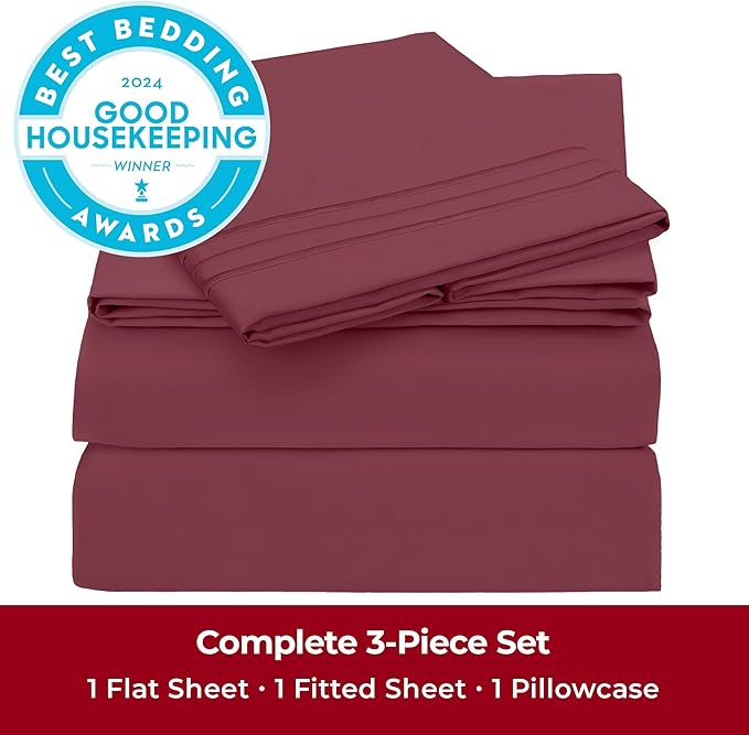 Mellanni Twin XL Sheets Set - 3 PC Iconic Collection Bedding Sheets & Pillowcases - Hotel Luxury, Extra Soft, Cooling Bed Sheets - Deep Pocket up to 16 inch (Twin Extra Long, Burgundy) - LeafyLoom