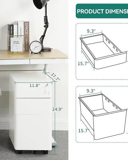 YITAHOME 3-Drawer Metal Filing Drawers with Keys, Compact Slim Portable File Pre-Built Office Storage Cabinet for A4/Letter/Legal (White) - LeafyLoom