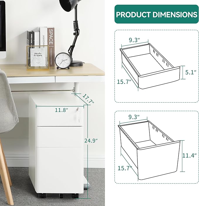 YITAHOME 3-Drawer Metal Filing Drawers with Keys, Compact Slim Portable File Pre-Built Office Storage Cabinet for A4/Letter/Legal (White) - LeafyLoom