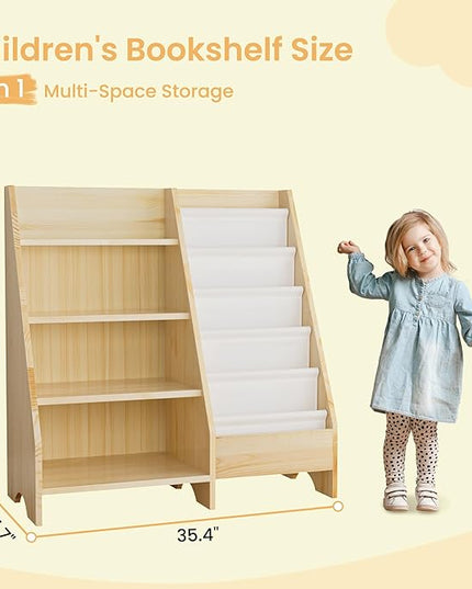 Kids Bookshelf, Solid Wood Bookshelf Bookcase Storage Organizer for Children, 4 Tier Bookshelf 5 Layer Sling Bookcase Toddler Book Rack Storage Organizer for Kids Room Nursery Play Room Kindergarten - LeafyLoom