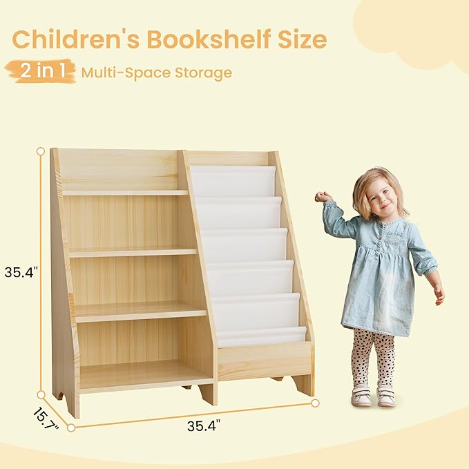 Kids Bookshelf, Solid Wood Bookshelf Bookcase Storage Organizer for Children, 4 Tier Bookshelf 5 Layer Sling Bookcase Toddler Book Rack Storage Organizer for Kids Room Nursery Play Room Kindergarten - LeafyLoom
