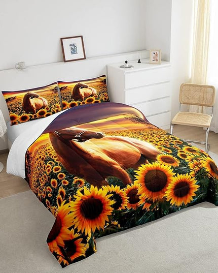 Erosebridal Brown Horse Comforter Set King Size for Kids Adult Teens Farmhouse Decor Sunflower Bedding with Sunset, Cowboys 3D Wild Animal Horse Print Quilt Rustic Style Cowgirls Down Comforter - LeafyLoom