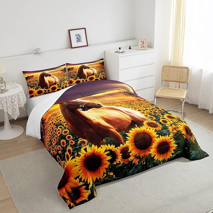 Erosebridal Brown Horse Comforter Set King Size for Kids Adult Teens Farmhouse Decor Sunflower Bedding with Sunset, Cowboys 3D Wild Animal Horse Print Quilt Rustic Style Cowgirls Down Comforter - LeafyLoom