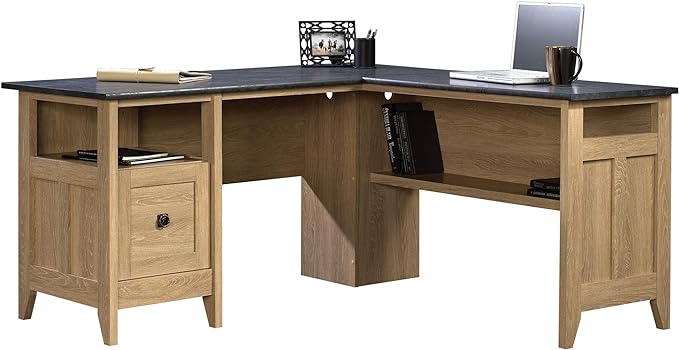 Sauder August Hill L-Shaped Desk, L: 59.06" x W: 58.74" x H: 29.25", Dover Oak finish - LeafyLoom