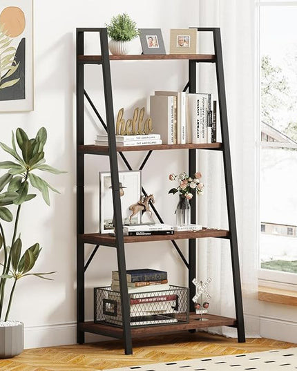BON AUGURE Industrial Ladder Shelf Bookcase, 4 Tier Rustic Ladder Bookshelf, Standing Leaning Book Shelves for Living Room (Rustic Oak) - LeafyLoom