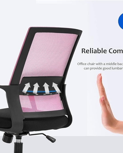 Office Chair Ergonomic Desk Task Chair Mesh Computer Chair Mid-Back Mesh Home Office Swivel Chair Modern Executive Chair with Wheels Armrests Lumbar Support (Pink) - LeafyLoom