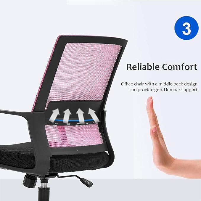Office Chair Ergonomic Desk Task Chair Mesh Computer Chair Mid-Back Mesh Home Office Swivel Chair Modern Executive Chair with Wheels Armrests Lumbar Support (Pink) - LeafyLoom