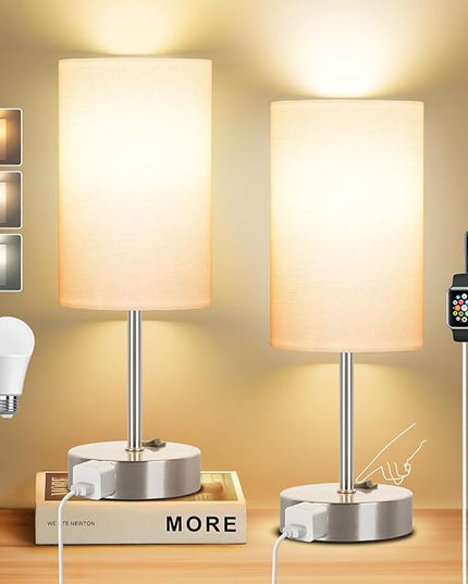 ZJOJO Bedside Lamps with AC Port, Table Lamp for Bedroom 3 Way Dimmable Nightstand Lamp Set of 2 with Round Flaxen Fabric Shade for Living Room, Dorm, Home Office - LeafyLoom